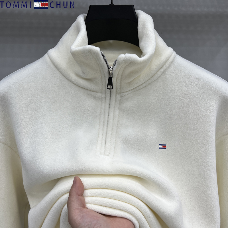 Authentic Tommy Solid Color Fleece Sweatshirt for Men, Winter Half-Zip Collar, Stylish Versatile Warm Base Layer