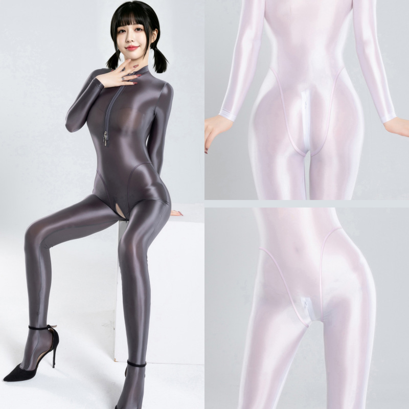 High-slit aurora double-zipper crotch-covering footed long jumpsuit, shiny, smooth, silky one-piece bodysuit wholesale High-slit aurora double-zipper crotch-covering footed long jumpsuit, shiny, smooth, silky one-piece bodysuit wholesale
