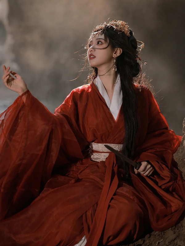 魏晋制南北朝汉服女红色古风婚服超仙气飘逸成人侠女风古装战国袍|undefined