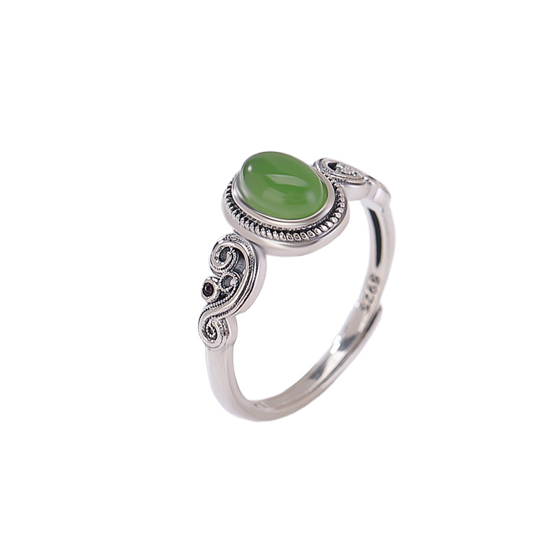 Nhẫn bạc S925 đính ngọc Hetian Jasper cabochon họa tiết đám mây phong cách Trung Hoa vintage — một mảnh