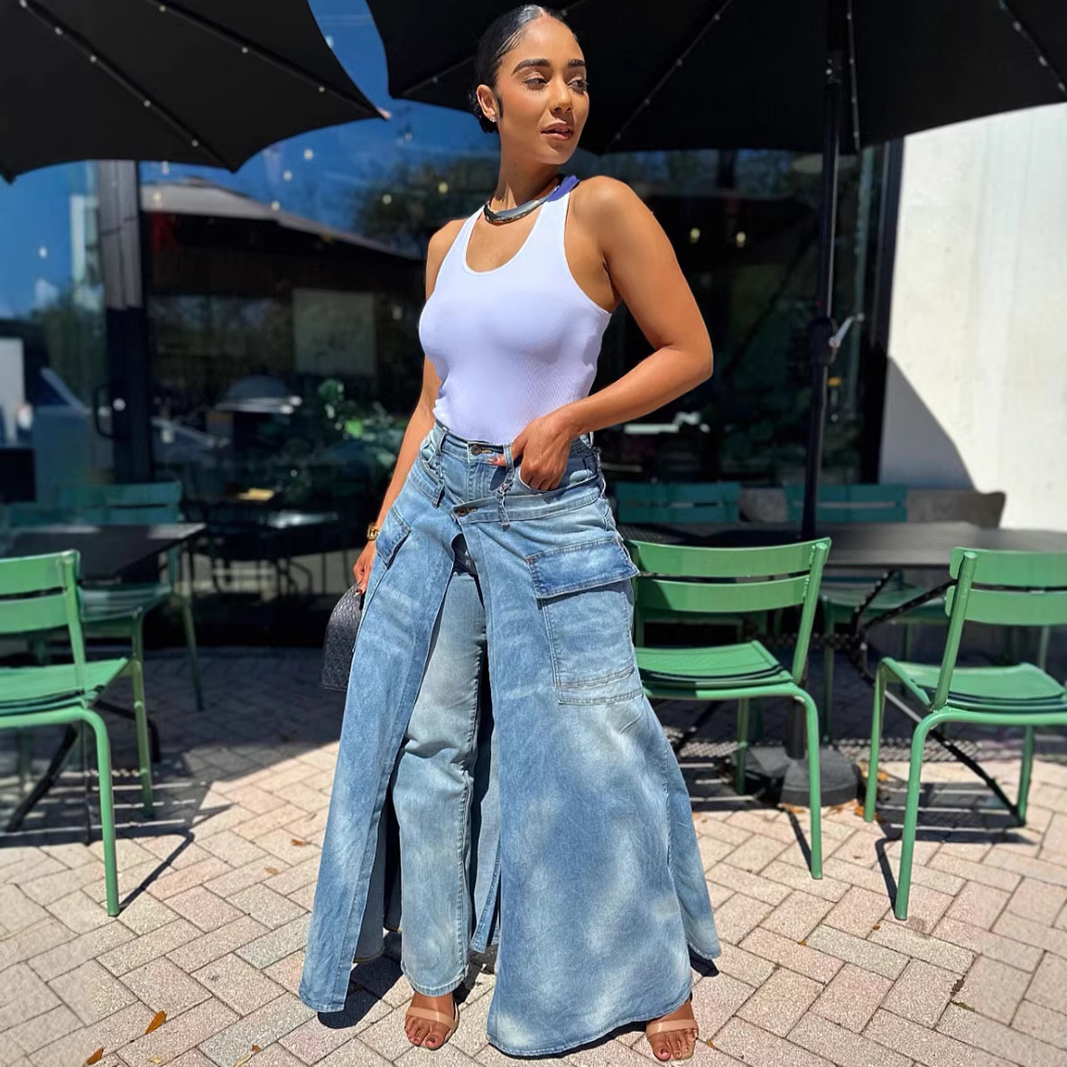 欧美女式假两件牛仔裤裙 亚马逊跨境女装街头潮流对称开衩牛仔裤