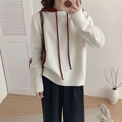 韩版秋冬新款撞色抽绳连帽套头毛衣女简约宽松慵懒风加厚针织卫衣