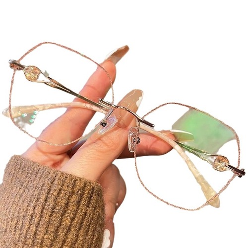 New champagne gold frameless polygonal anti-blue light women's presbyopic myopia fashion flat mirror with diamond metal temples