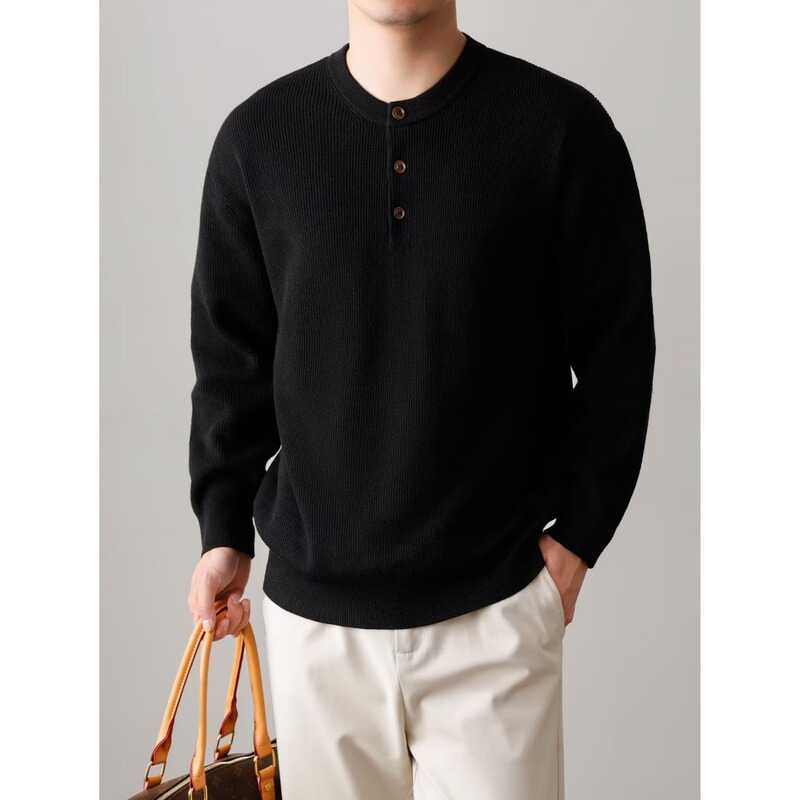 Early autumn retro American-style Henley sweater, casual solid-color knit top, loose-fitting and versatile for men Early autumn retro American-style Henley sweater, casual solid-color knit top, loose-fitting and versatile for men