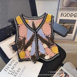 复古拼色镂空钩花针织叠穿马甲背心女春秋新款洋气外搭开衫短上衣