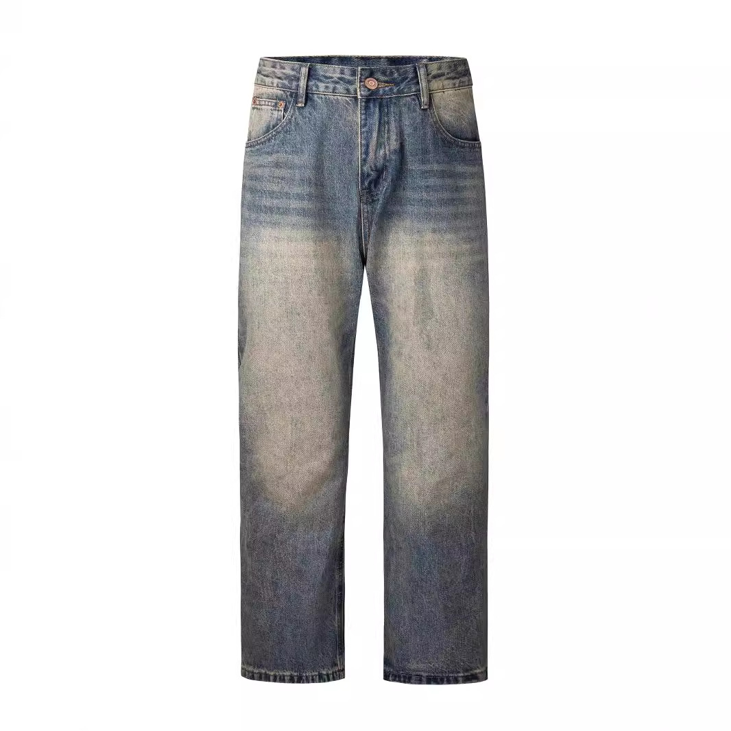 Vintage jeans de cintura alta azul para hombres otoño nuevo estilo americano de alta calle vibe pantalones altos rectos micropantalones
