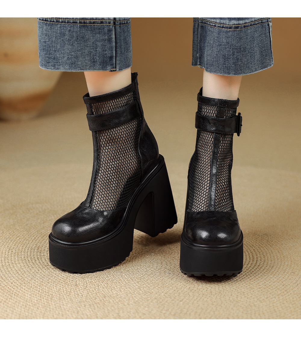 Boot nữ đế dày hở mũi phong cách La Mã da thật lưới thoáng khí kéo khóa trước mùa hè cổ thấp — màu đen chi tiết 12
