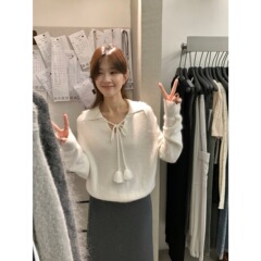 【MISS密思家】须边澳羊毛浣熊绒翻领系带针织衫（含33%澳毛）861