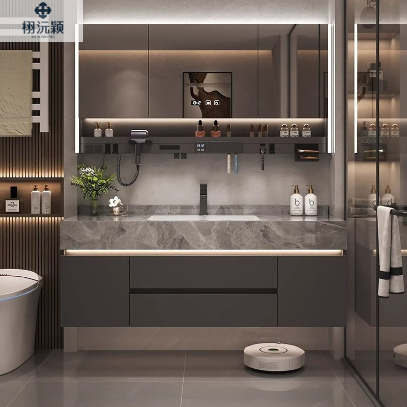 Bangjia Yue Seamless Ceramic Basin Bathroom Cabinet Gray Light Luxury Multifunctional Washbasin Cabinet Set