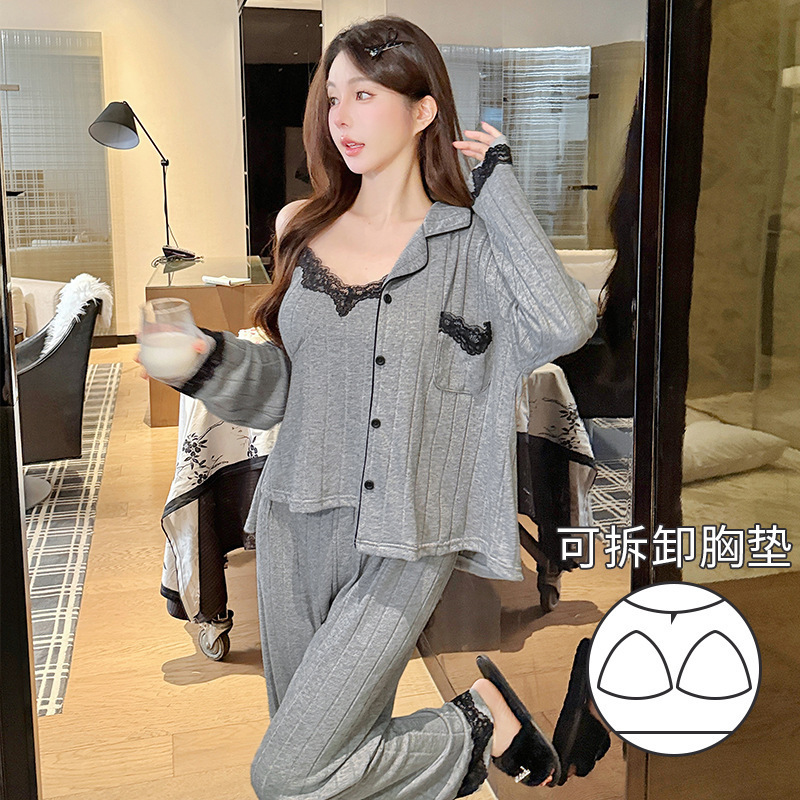 Oh Mida Spring and Autum New Cashmere Cotton Long-Sleeved Pajamas with Breast Pads for Women Sexy Suspenders Three-Piece Home Clothes Oh Mida Spring and Autum New Cashmere Cotton Long-Sleeved Pajamas with Breast Pads for Women Sexy Suspenders Three-Piece Home Clothes