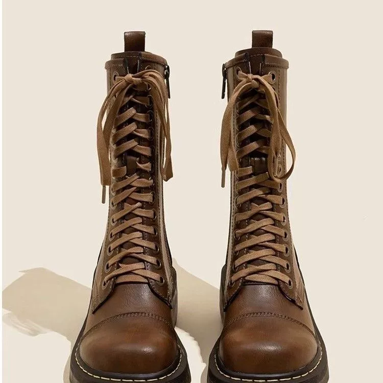 Осень 2023 года Новое поступление, женские коричневые уличные ботинки со средним цилиндром в британском стиле на толстой подошве в стиле ретро с коротким круглым носком