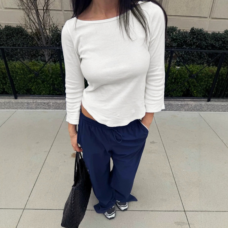 European and American basic casual Y2K daily wear boat neck 3/4 long sleeve cropped asymmetric hem slim-fit T-shirt