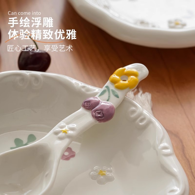 美しい釉薬の色、クリエイティブでキュートな食器、セラミックボウルと皿セット、スプーン、プレート、家庭用デザートプレート、インスタントラーメンボウル|undefined