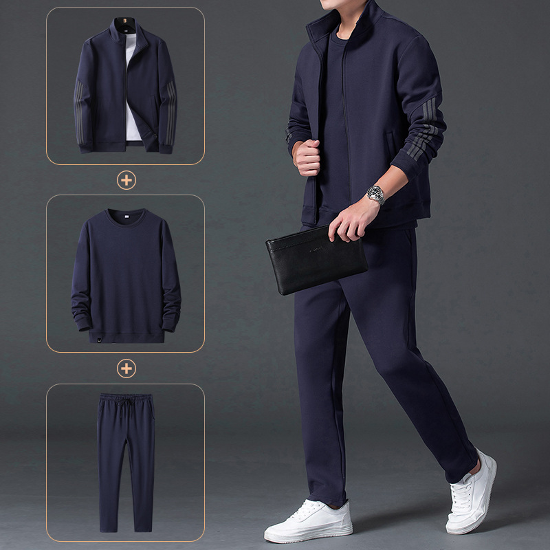 Conjunto deportivo para hombre M-8XL, estilo papá para primavera y otoño, chaqueta con cuello alto, pantalones rectos de talla grande, conjunto de tres piezas para hombre, sudadera informal.