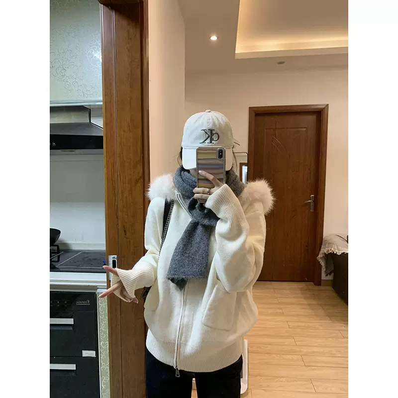 跨境新款休闲针织衫拉链开衫外套打底衫女秋冬毛领保暖毛衣上衣女