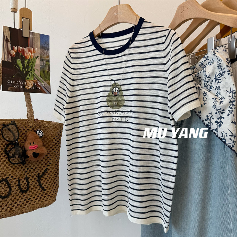 Interesting Avocado Color-Block Collar Striped Ice Silk Short-Sleeve Knit Top for Women 2025 Summer Thin Top