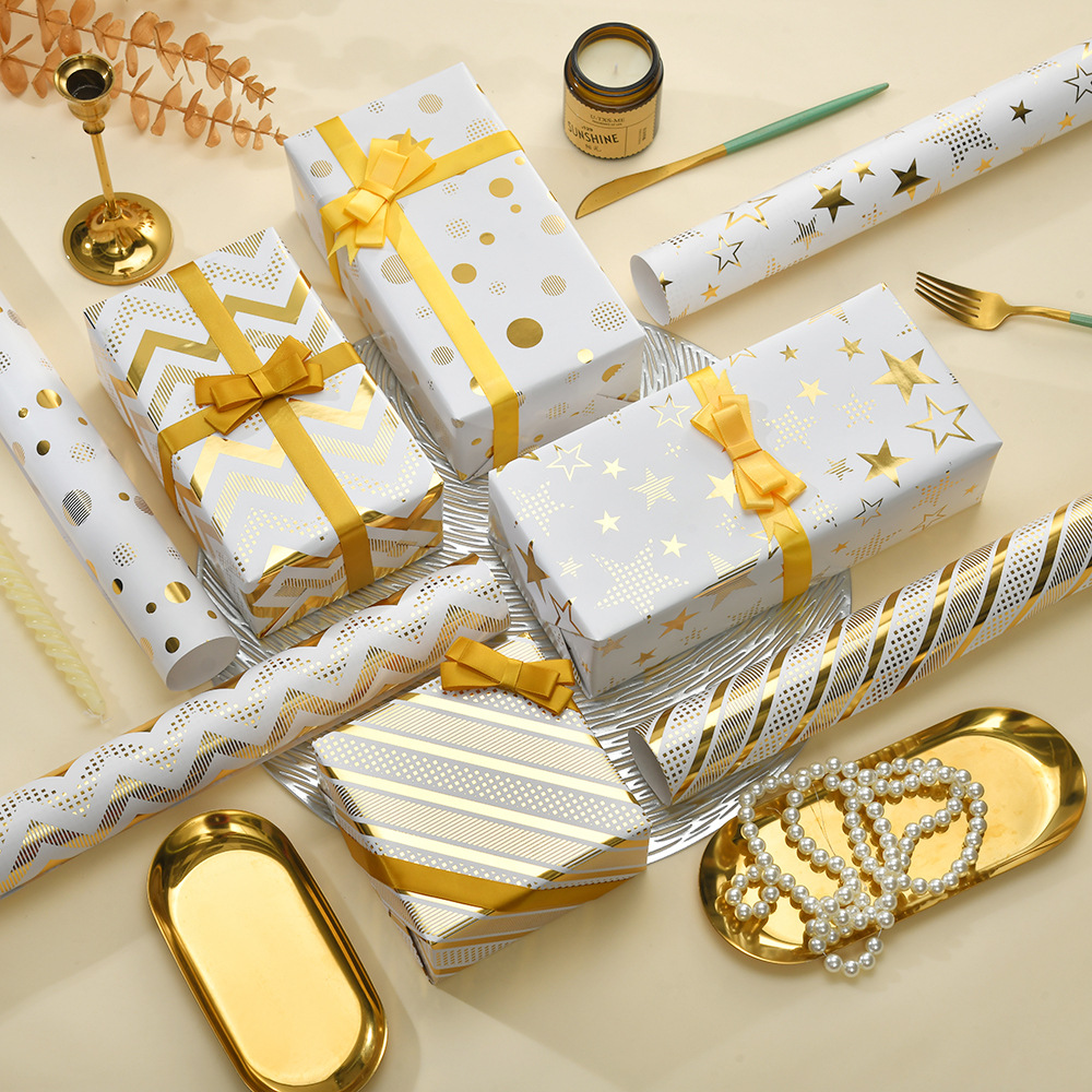 Directo de fábrica nuevo papel de embalaje dorado creativo estrella raya del punto papel de regalo de vacaciones