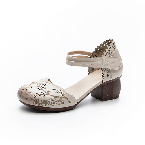 Ladies Sandals  Summer New Design Full-Grain Leather Thick Medium Heel Retro Chinese Style Hollow Shoes with Openwork Print