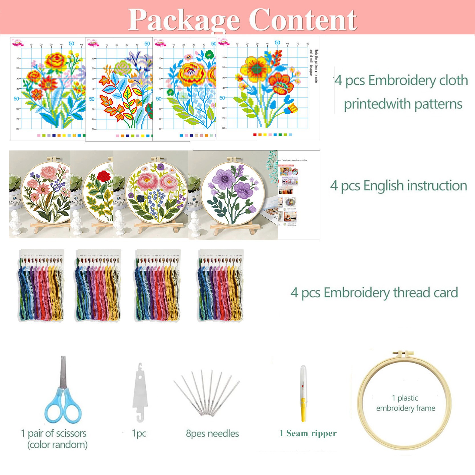 Comprar un conjunto de cuatro piezas de flores y enviar una tensión de bordado de 20cm + una tijera pequeña + un hilo de hojalata + un destornillador
