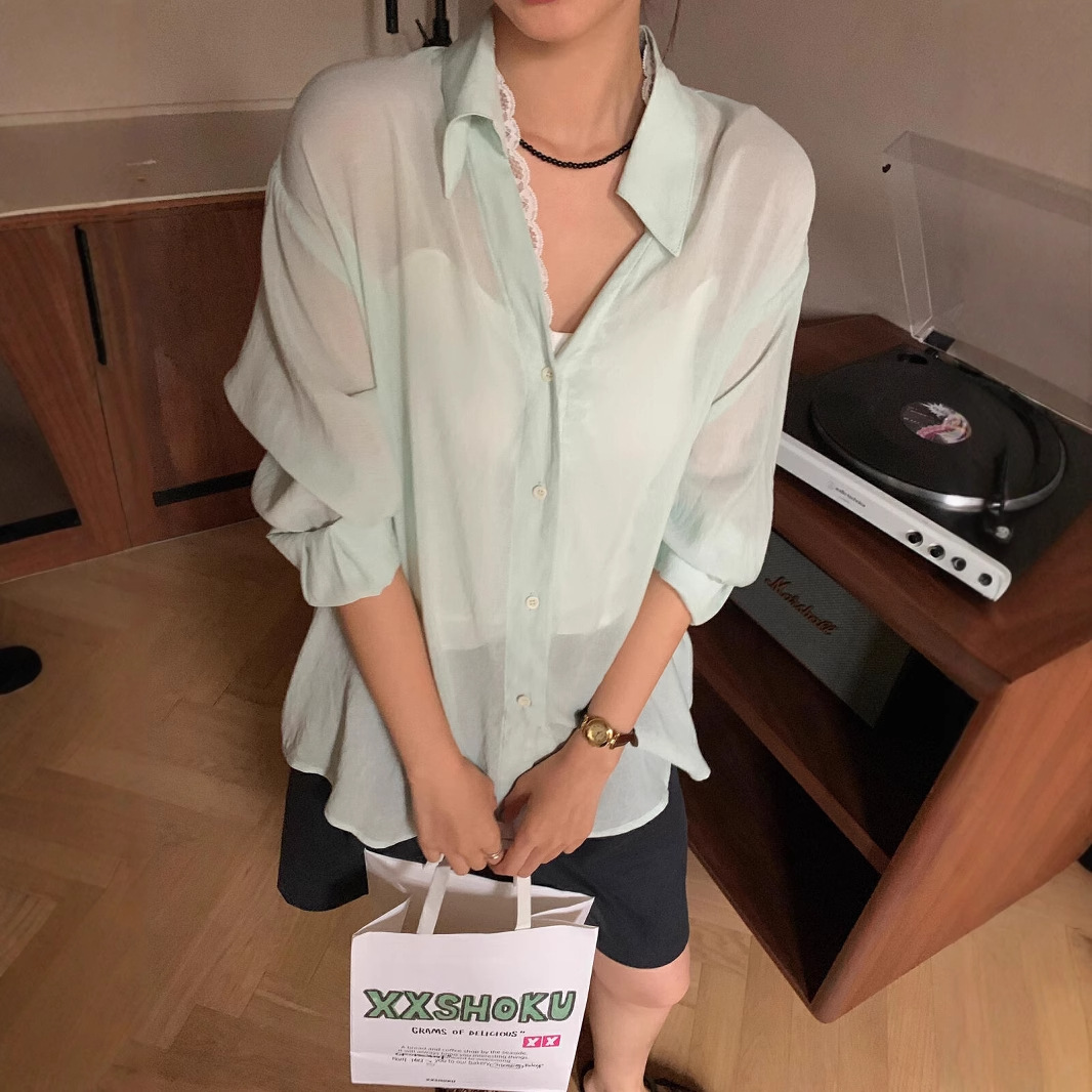 KITTIN hilo de cáñamo coreano hilo de cáñamo encaje hilo de cáñamo camisa holgada y cómoda mujer Tensi ropa de protección solar de manga larga 7866