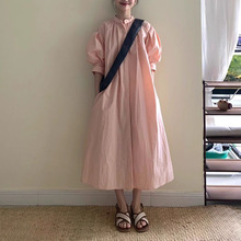 茶歇法式粉色泡泡袖短袖衬衫连衣裙女夏夏季宽松褶皱气质长裙裙子