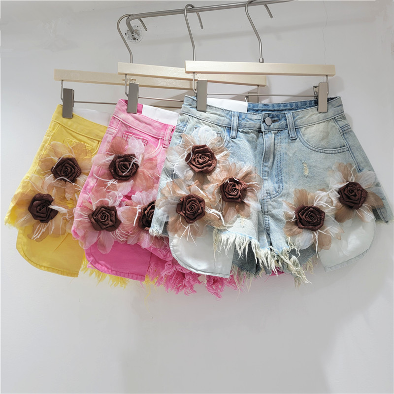 Pantalón Corto de Mezclilla de Pierna Ancha para Mujer con Agujeros
