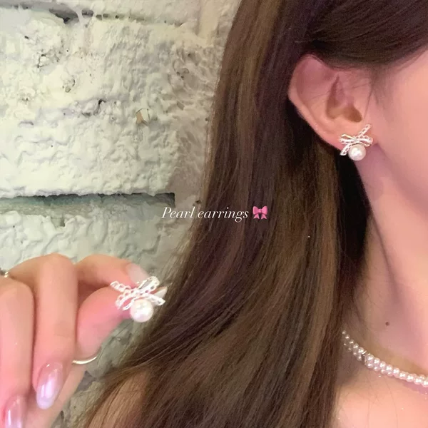 Korean Ballet Style Lace Bow Pearl Earrings for Women, Accessible Luxury Niche High-End Elegant Earrings, Beautiful Earrings