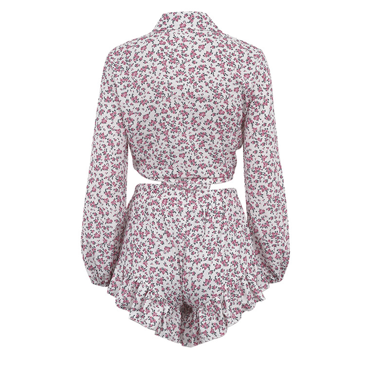 Floral Women Clothing Long Sleeve Collared Shirt Ruffled Shorts Two Piece Set