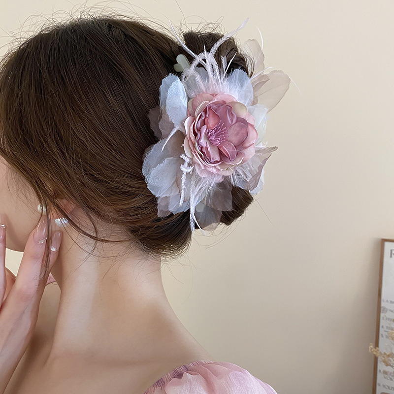 Super hada organza flor perla pinza para el cabello pinza dulce y elegante pinza de tiburón estilo literario de nicho accesorios para el cabello