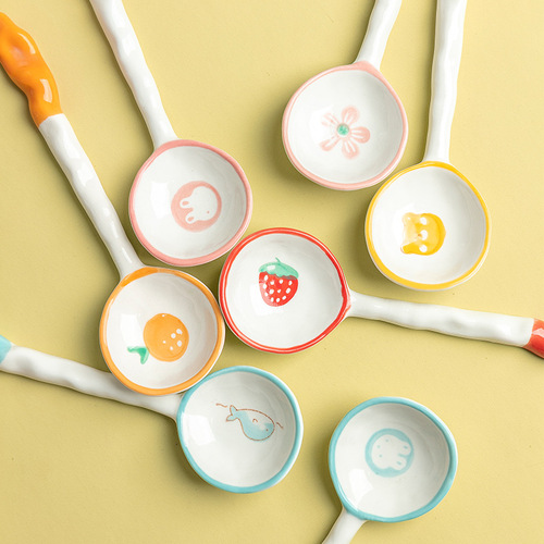 Hand-painted Japanese-style INS tableware dessert spoon cute creative household ceramic child long-handled soup spoon