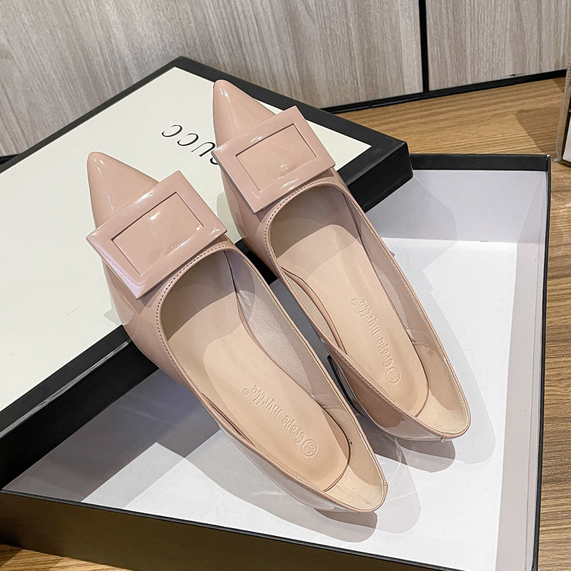 2022 primavera y otoño nuevos zapatos franceses de cuero suave de tacones planos no abrasivo pies de botón cuadrado simple zapatos de mujer 862 - 5