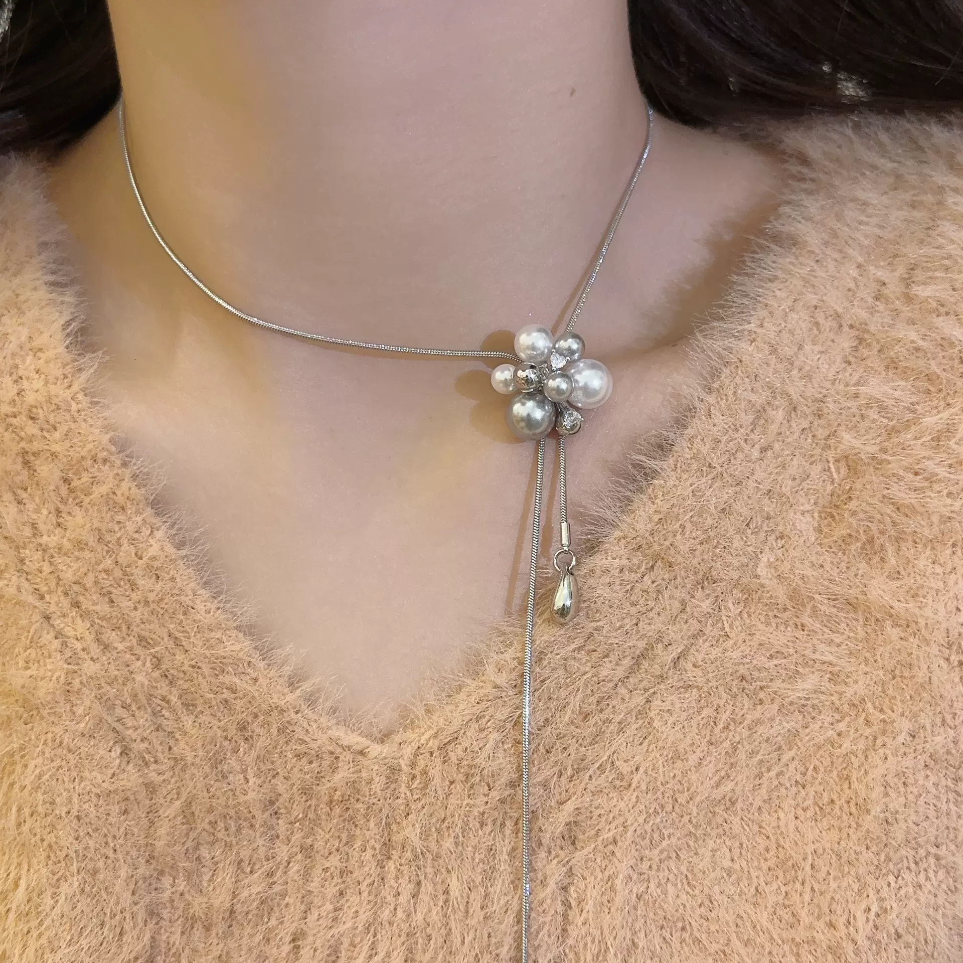 爆炸珍珠项链女 新款设计感抽拉可调节毛衣链 高级感颈链同款耳环