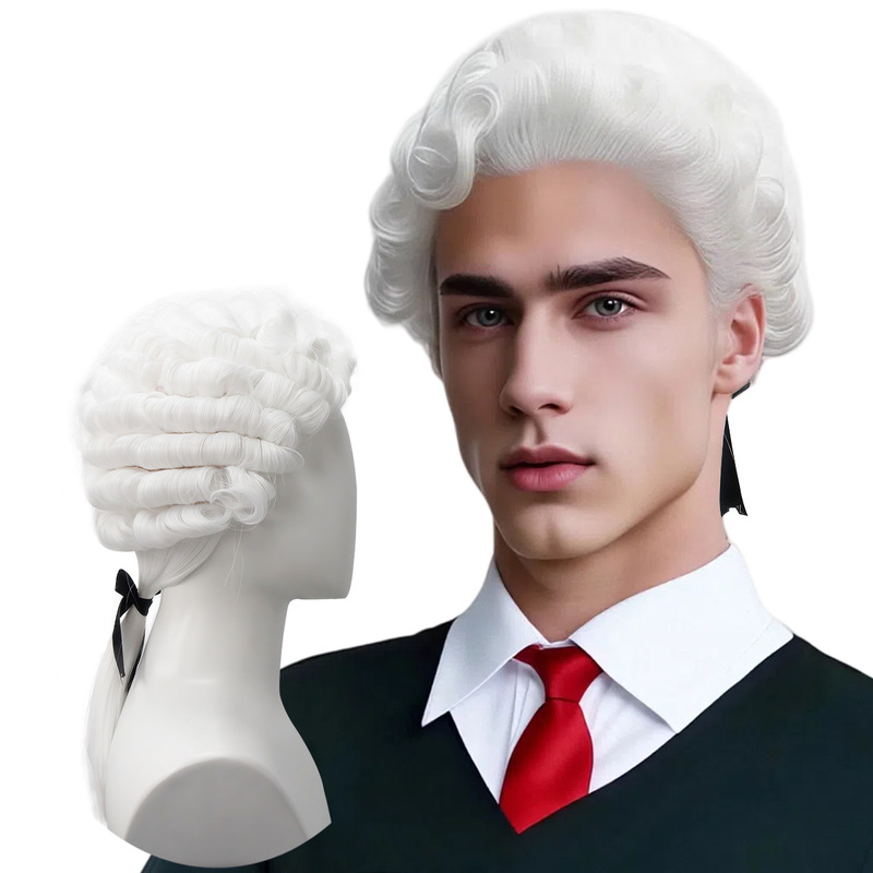 Manufacturer Colonial Male Judge White Lawyer Ponytail Short Cosplay Wig Prom Party Wig Set