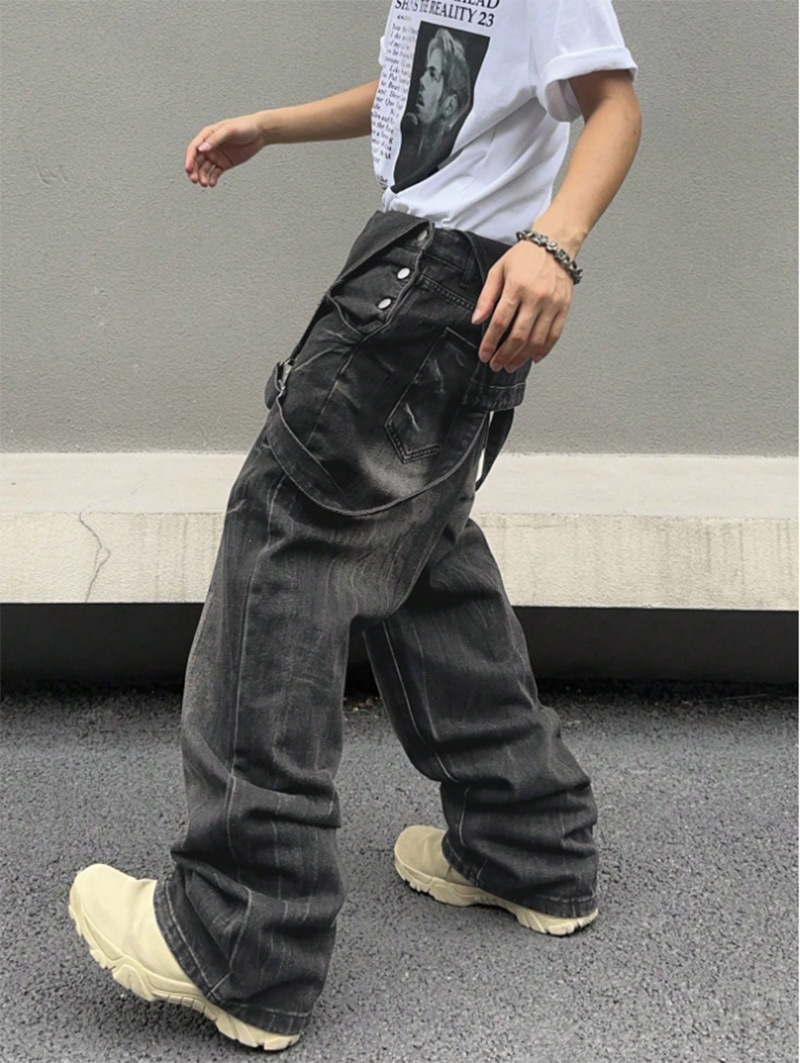Retro Washed Lightning Bolt Pattern Jeans for Men High Street Vibe Style Design Niche Trendy Brand Cool And Edgy Pants_mkmklike.com