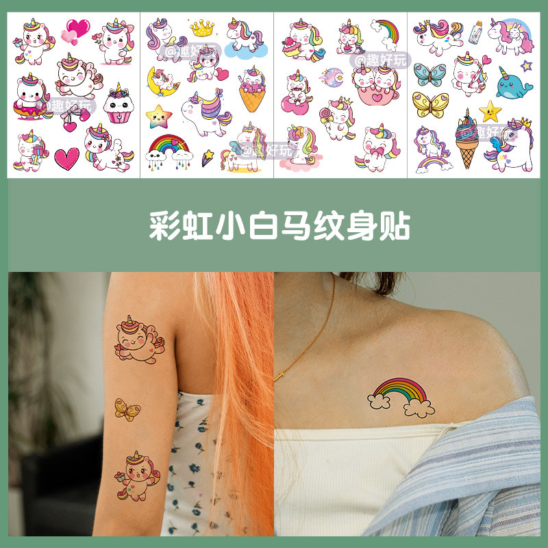 Rainbow White Horse Tattoo Sticker Women's Waterproof Lasting Cartoon Children's Cute Temporary Sticker Scar Covering Tattoo Sticker