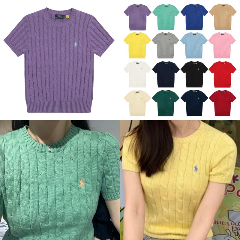 Rl Laff Pony Logo Embroidered Solid Color Knitted Crew Neck Short Sleeve Sweater Four Seasons Women's Base Shirt Outerwear Top