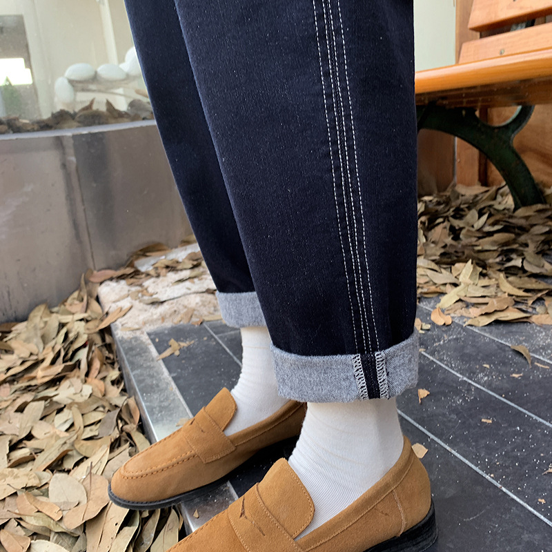 Plain new winter color-resistant dark blue brushed dad pants side embroidered loose tapered jeans women's slimming