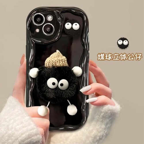 INS-style cream shell 11, plush coal ball figure 12, suitable for iPhone 15 Pro Max, Apple 14 phone case 13