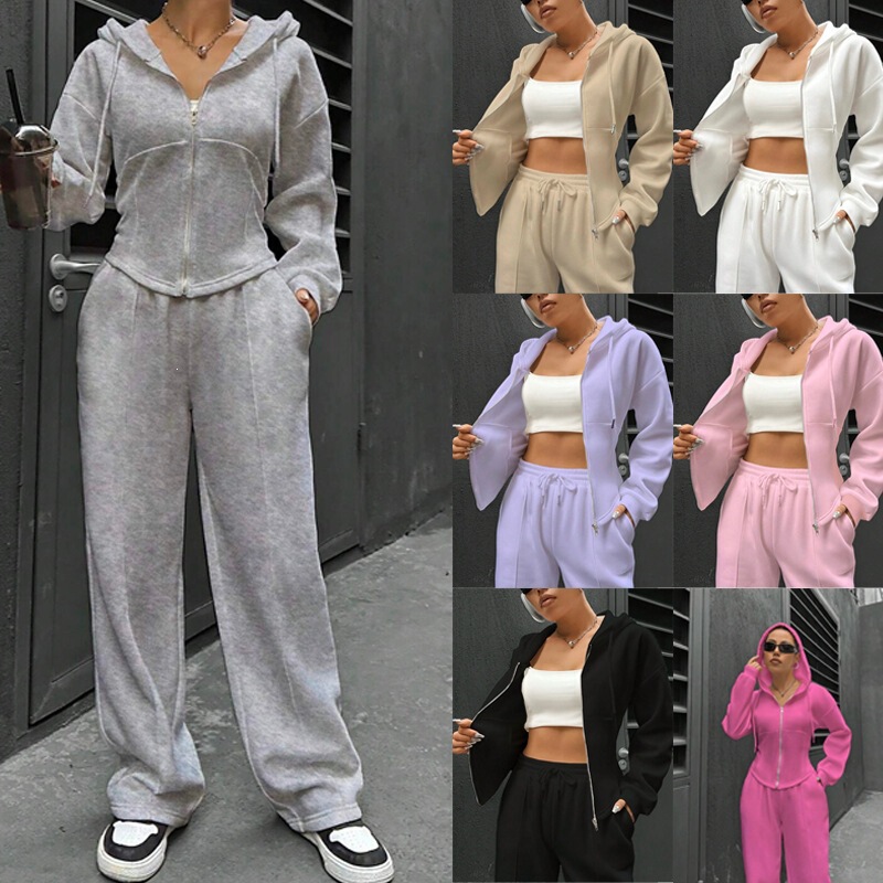 Cross-Border Independent Website 2025 Autumn and Winter European and American Women's Fashion Hooded Cardigan Slim-Fit Sweatshirt Casual Wide-Leg Pants Two-Piece Set Cross-Border Independent Website 2025 Autumn and Winter European and American Women's Fashion Hooded Cardigan Slim-Fit Sweatshirt Casual Wide-Leg Pants Two-Piece Set