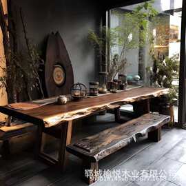 新中式老榆木餐桌实木喝茶桌饭桌原木茶台老门板办公室茶桌椅组合