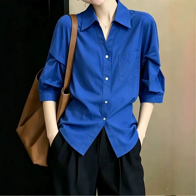 French-Style Polo Collar Klein Blue Sun-Protective Shirt for Women, New Summer Thin Luxury High-End Waist-Cinching Blouse Top French-Style Polo Collar Klein Blue Sun-Protective Shirt for Women, New Summer Thin Luxury High-End Waist-Cinching Blouse Top