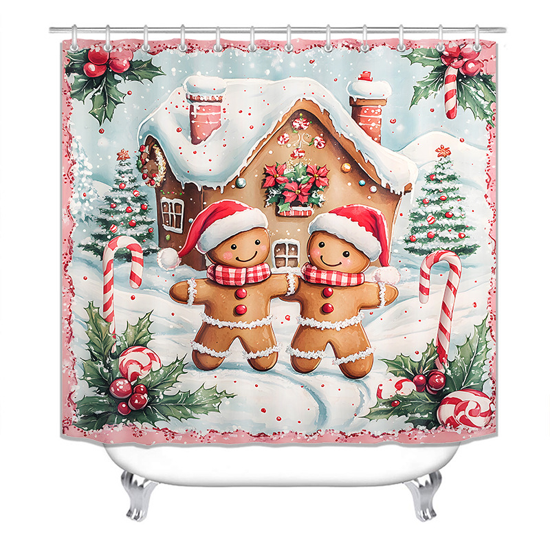 Cortina de ducha decorativa de galleta europea y americana, serie de Navidad, impresión digital 3D transfronteriza, cortina de ducha de poliéster impermeable al por mayor