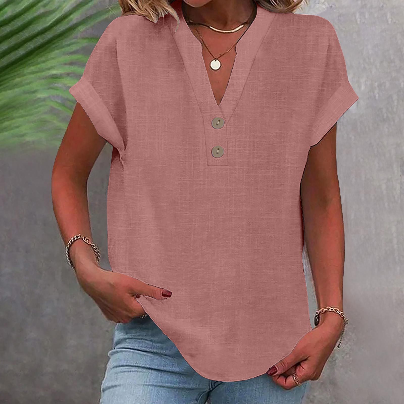 2025 European And American Summer Solid Color Stand Collar Button Short Sleeve Women's Shirt_ecoleips.com