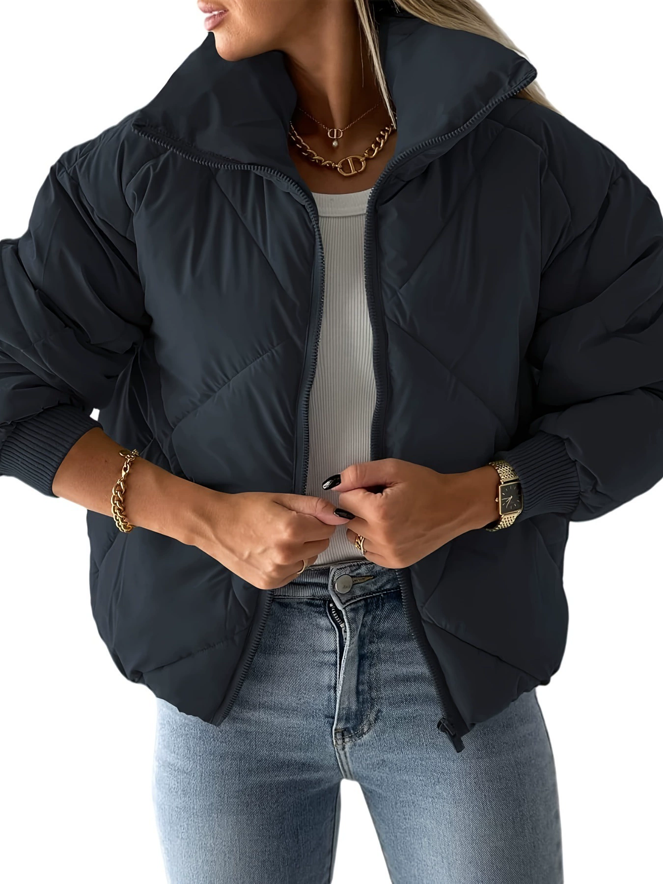 Women's Quilted Cropped Puffer Jacket Lightweight Warm Full