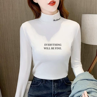 双面德绒半高领印花打底衫女秋冬季加绒长袖T恤修身保暖百搭上衣