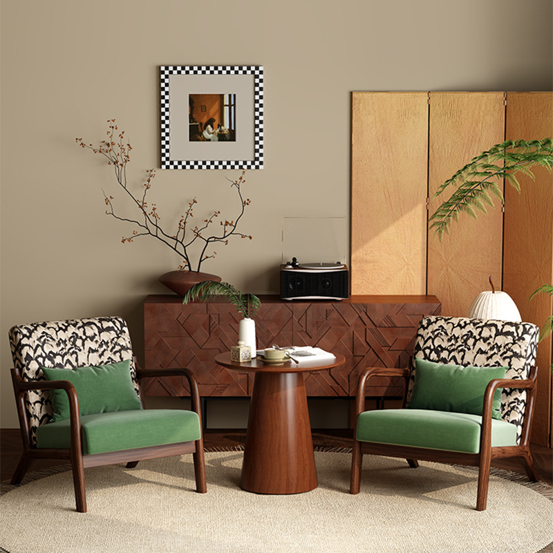 Retro Single Sofa Chair Living Room Bedroom Lazy Leisure Chair Hotel Reception Solid Wood Balcony Tea Table and Chair Combination