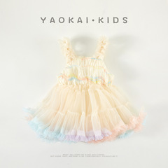 夏季嬰兒禮服薄款女寶寶甜美吊帶裙子嬰兒生日滿月禮服網紗裙