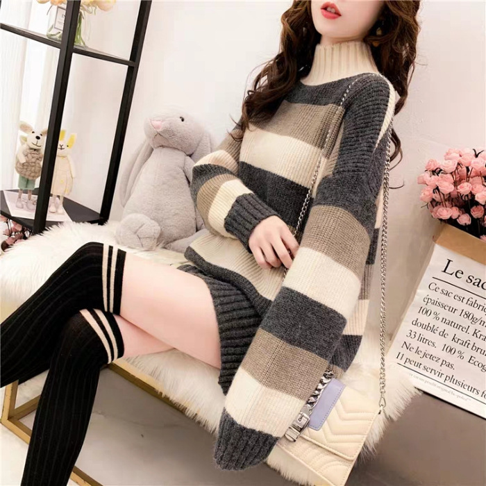 593# Thickened Half Turtle Neck Women's Pullover Autumn and Winter New Striped Loose Lazy Wind ins Super Fire Top 593# Thickened Half Turtle Neck Women's Pullover Autumn and Winter New Striped Loose Lazy Wind ins Super Fire Top