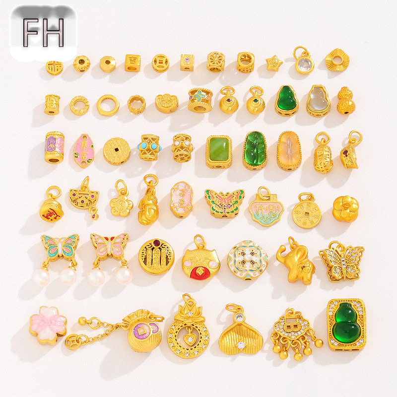 新款中国风铜镀真金滴油隔珠 古法金几何吊坠手链挂件DIY饰品配件