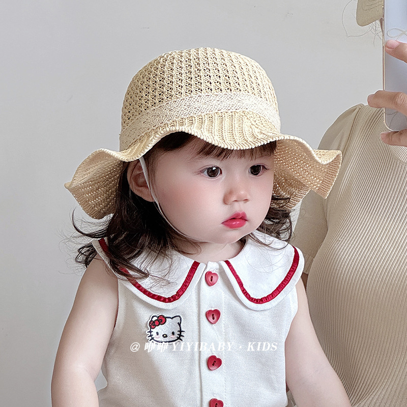 Baby straw hat summer thin cute big brim braided fisherman hat sun…